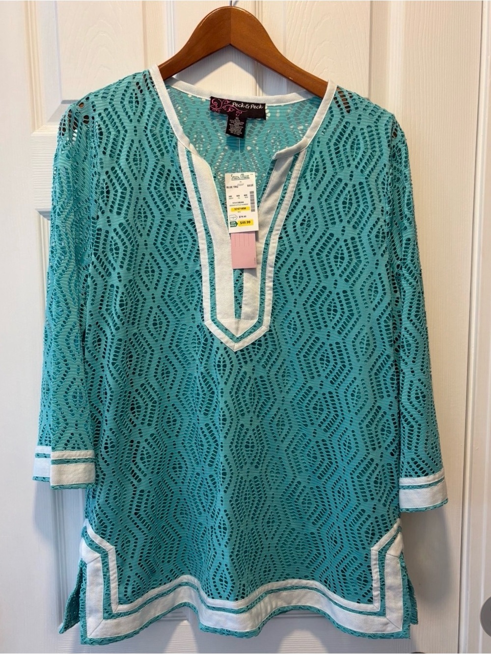Peck & Peck Teal Lace Tunic with White Trim